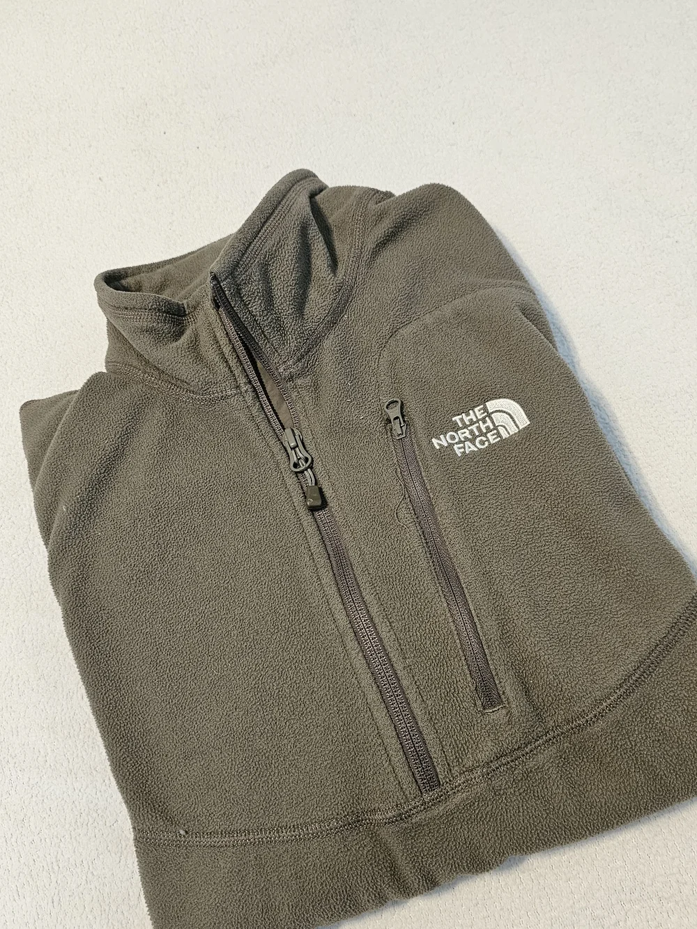 The North Face Mens Medium 1/4 Zip Brown Khaki Fleece Pullover Pockets Logo Euc